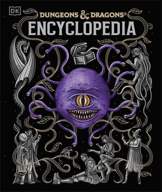 Dungeons & Dragons Encyclopedie met een paarse Beholder in het midden, omringd door personages en wezens.