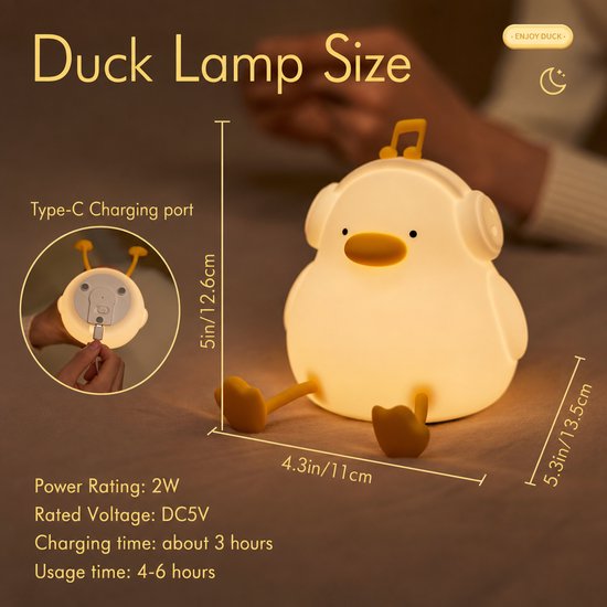 Eend Nachtlampje voor Kinderen - Siliconen LED Bedlampje met Telefoonstandaard, USB-C Oplaadbaar, Touch, 3 Dimbare Niveaus, 30 min Timer - Kinderkamer Cadeau — afbeelding 2
