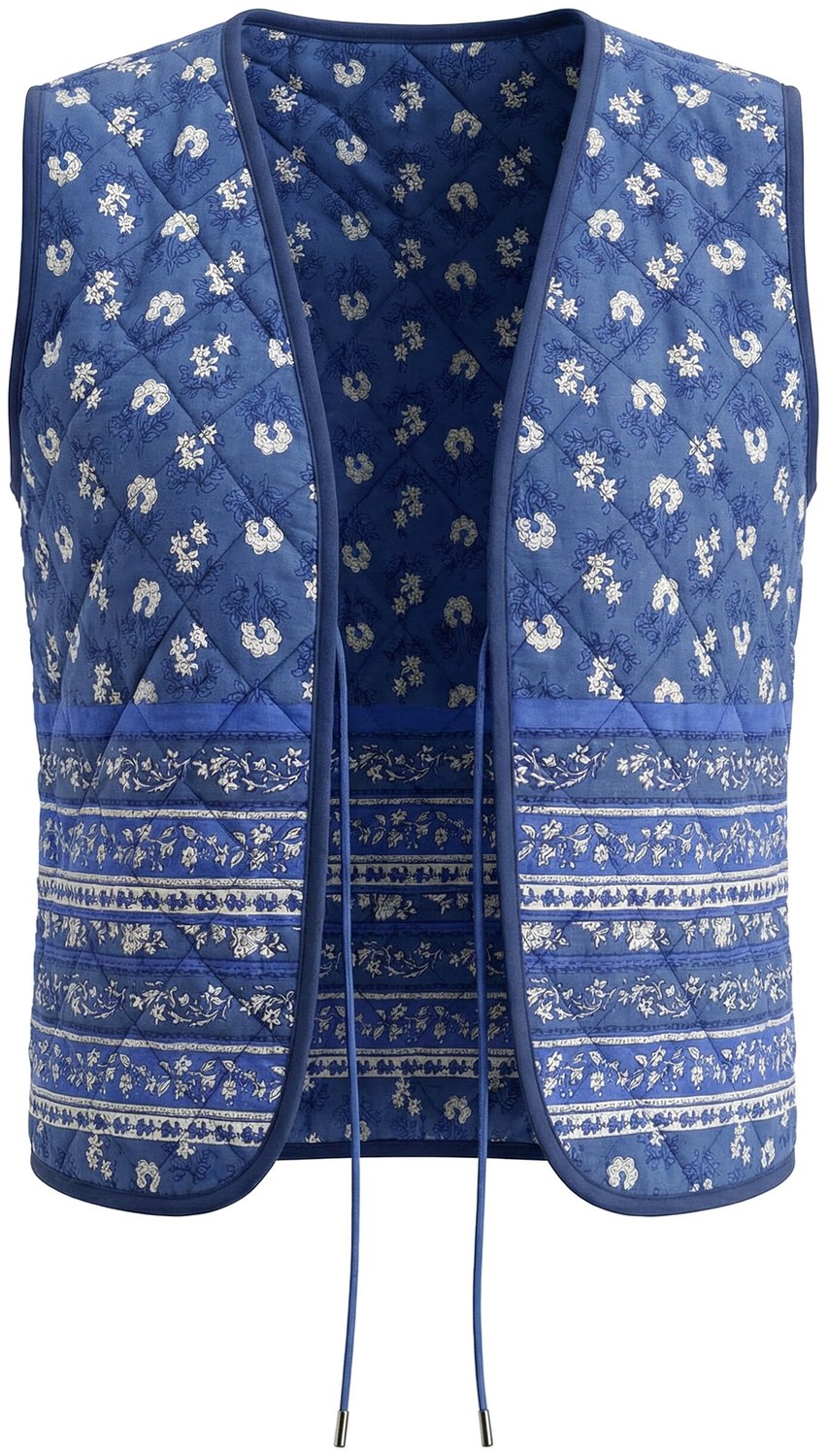 Ulla Popken - Dames - Doorgestikte bodywarmer bloemen strikbandje mouwloos - Atlantisch blauw - Maat 62+