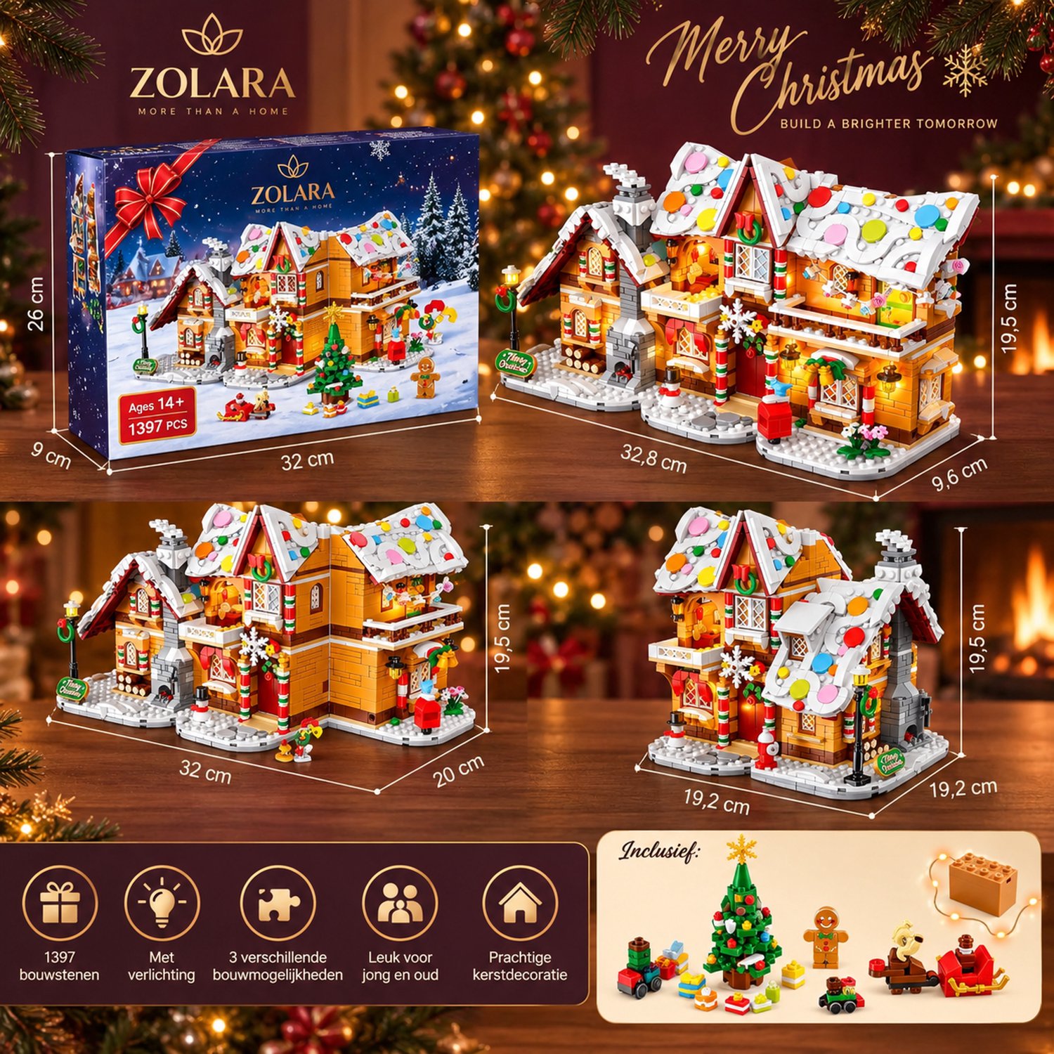 Zolara Peperkoekhuis Bouwset - Bouwstenen - 1397 Onderdelen - Kersthuis - Verlichting - Kerstdecoratie - Bouwpakket - 14+ - Kerstcadeau - Kerstgeschenk - Imitatie LEGO - Speelgoed
