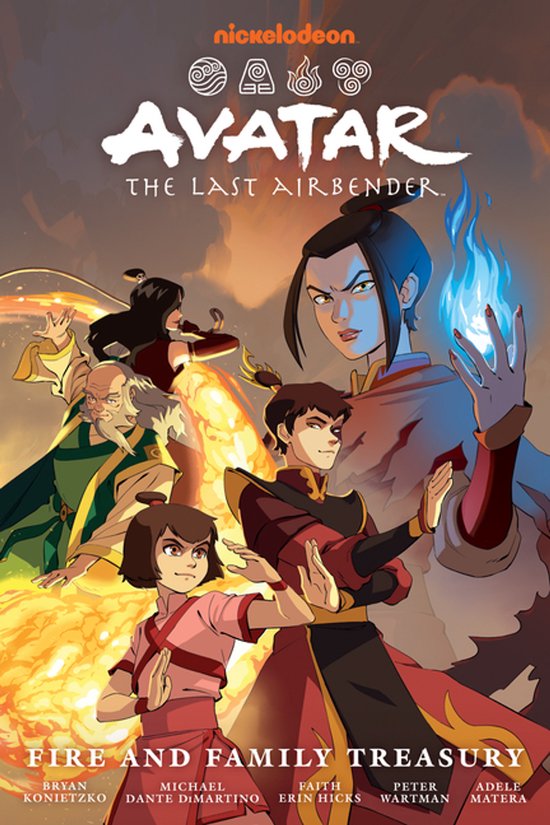 Cover van Avatar: The Last Airbender Fire and Family Treasury met personages uit de serie in een dynamische pose.