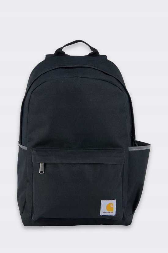 Sac à dos Carhartt noir avec poche avant, poches latérales et logo Carhartt.