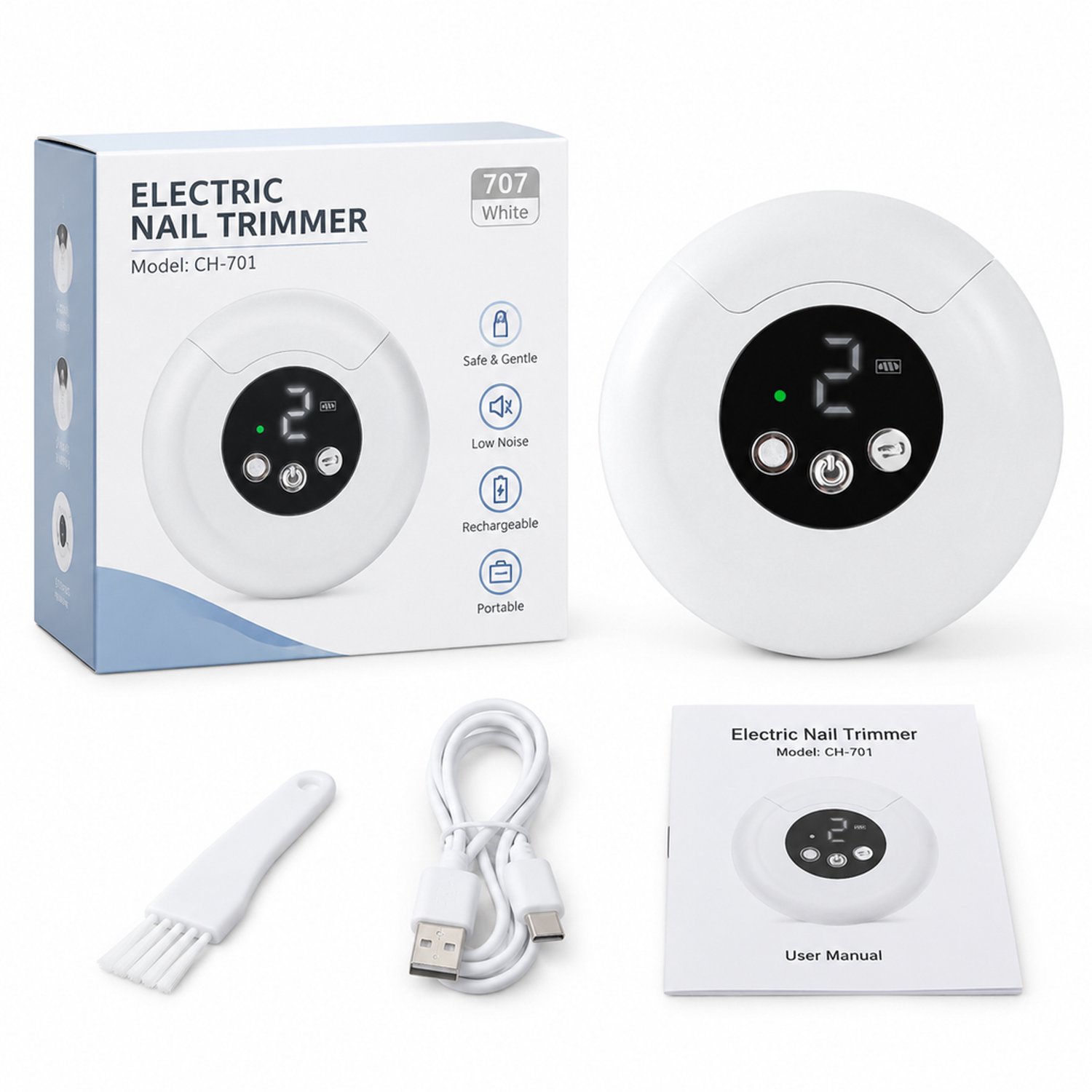 elektrische nagelknipper - model CH-701 - voor dagelijks en thuisgebruik - wit 707 met Engelstalige verpakking - met borstel, oplaadkabel, hoofdapparaat en handleiding