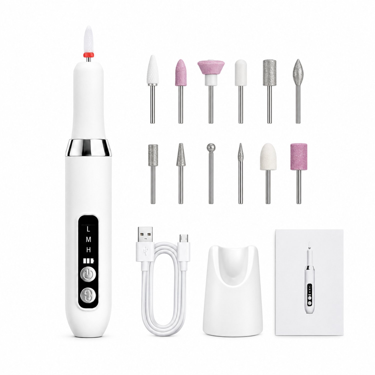 Elektrische nageltrimmer - 1,8 W - 3 snelheden - USB-oplaadbaar - draagbaar - wit - complete set