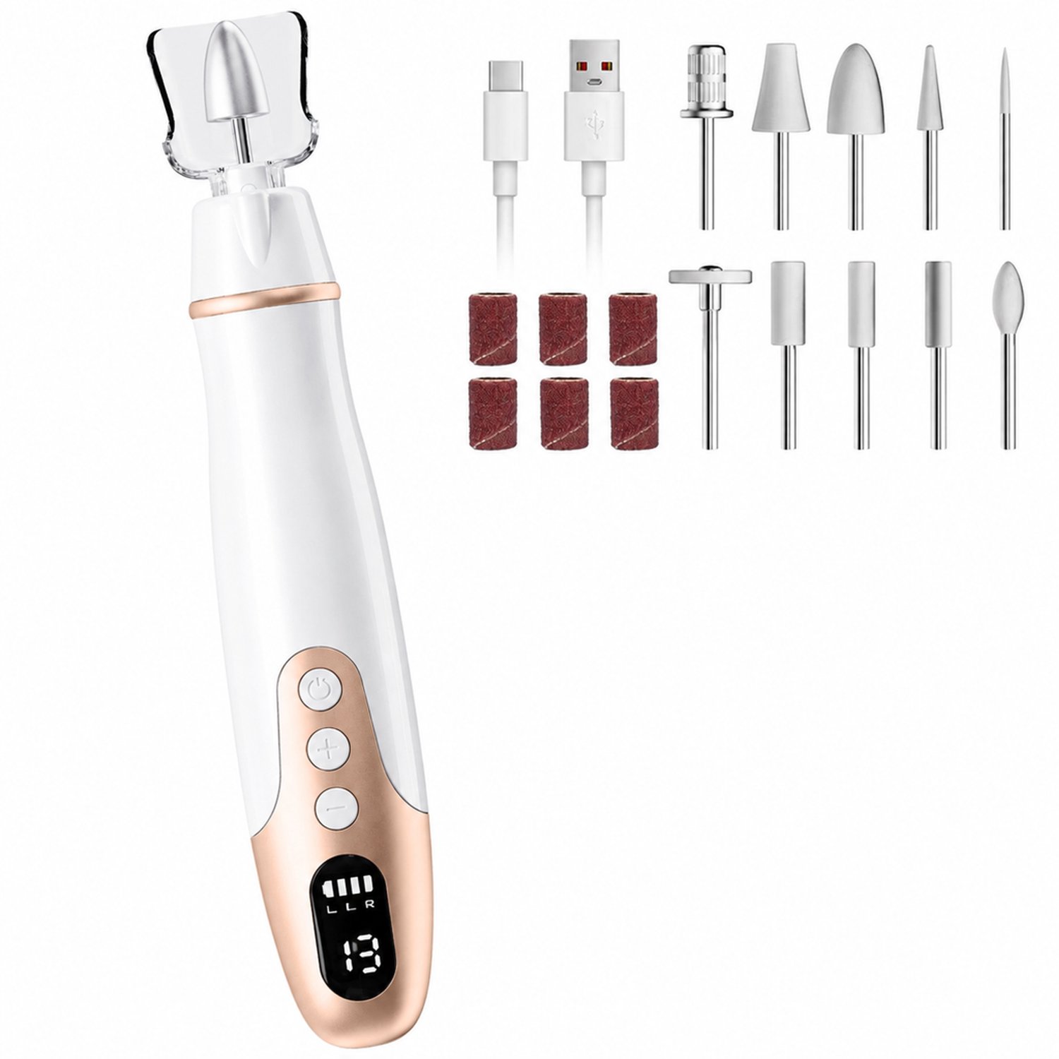 Elektrische nageltrimmer - 10 slijpkoppen - oplaadbaar penmodel - voor manicure en het verwijderen van nagelriemen en eelt - wit
