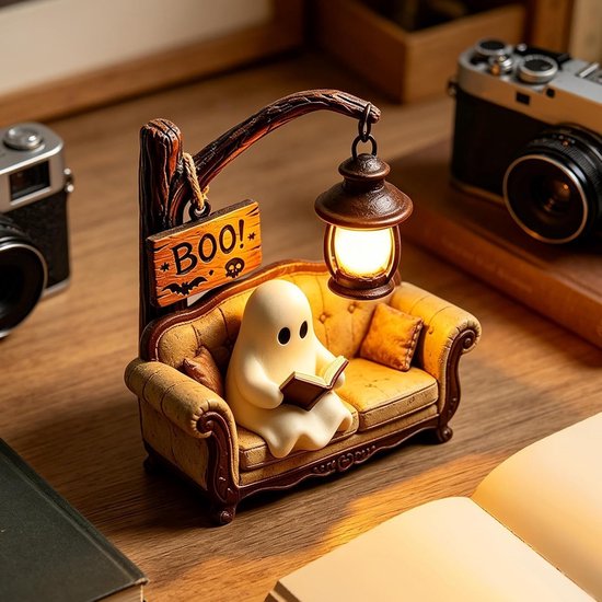 Halloween Spook Leeslamp - Grappig Spookbeeld - Tafel- en Boekenplankdecoratie - Boekensteun en Lamp ineen - Creatief Woonaccessoire - Feestelijke Herfstdecoratie - Wit+Bruingeel - 3D-hars Spookfiguur - Nachtlampjes — afbeelding 2