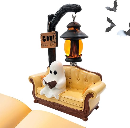 Halloween Spook Leeslamp - Grappig Spookbeeld - Tafel- en Boekenplankdecoratie - Boekensteun en Lamp ineen - Creatief Woonaccessoire - Feestelijke Herfstdecoratie - Wit+Bruingeel - 3D-hars Spookfiguur - Nachtlampjes — afbeelding 4