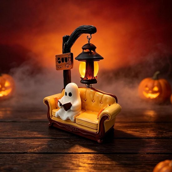 Halloween Spook Leeslamp - Grappig Spookbeeld - Tafel- en Boekenplankdecoratie - Boekensteun en Lamp ineen - Creatief Woonaccessoire - Feestelijke Herfstdecoratie - Wit+Bruingeel - 3D-hars Spookfiguur - Nachtlampjes — afbeelding 3