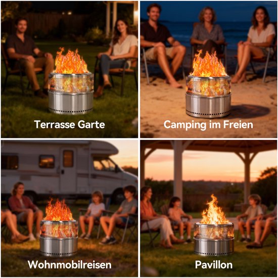 Vier scenario's met de vuurkorf: op een terras, op de camping, tijdens camperreizen en in een paviljoen.