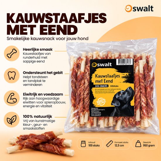 Verpakking met 100 Oswalt kauwstaafjes met eend, 12,5 cm lang, gemaakt van runderhuid.