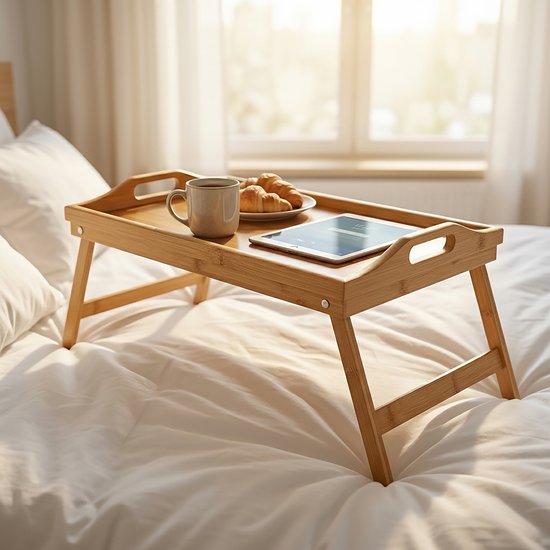 Bamboe bedtafel op wit laken met croissant, koffie en tablet.