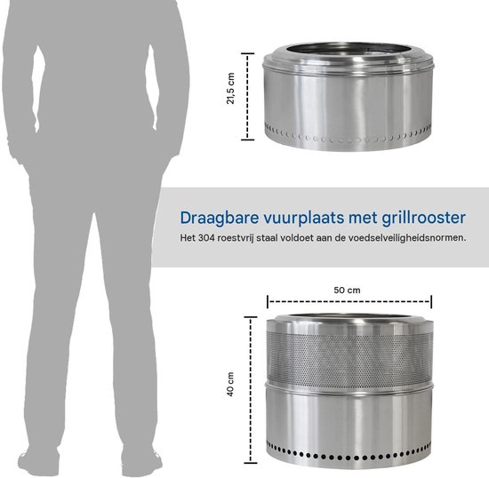 Afmetingen van zilverkleurige, draagbare vuurkorf met grillrooster, naast een silhouet van een volwassen persoon.