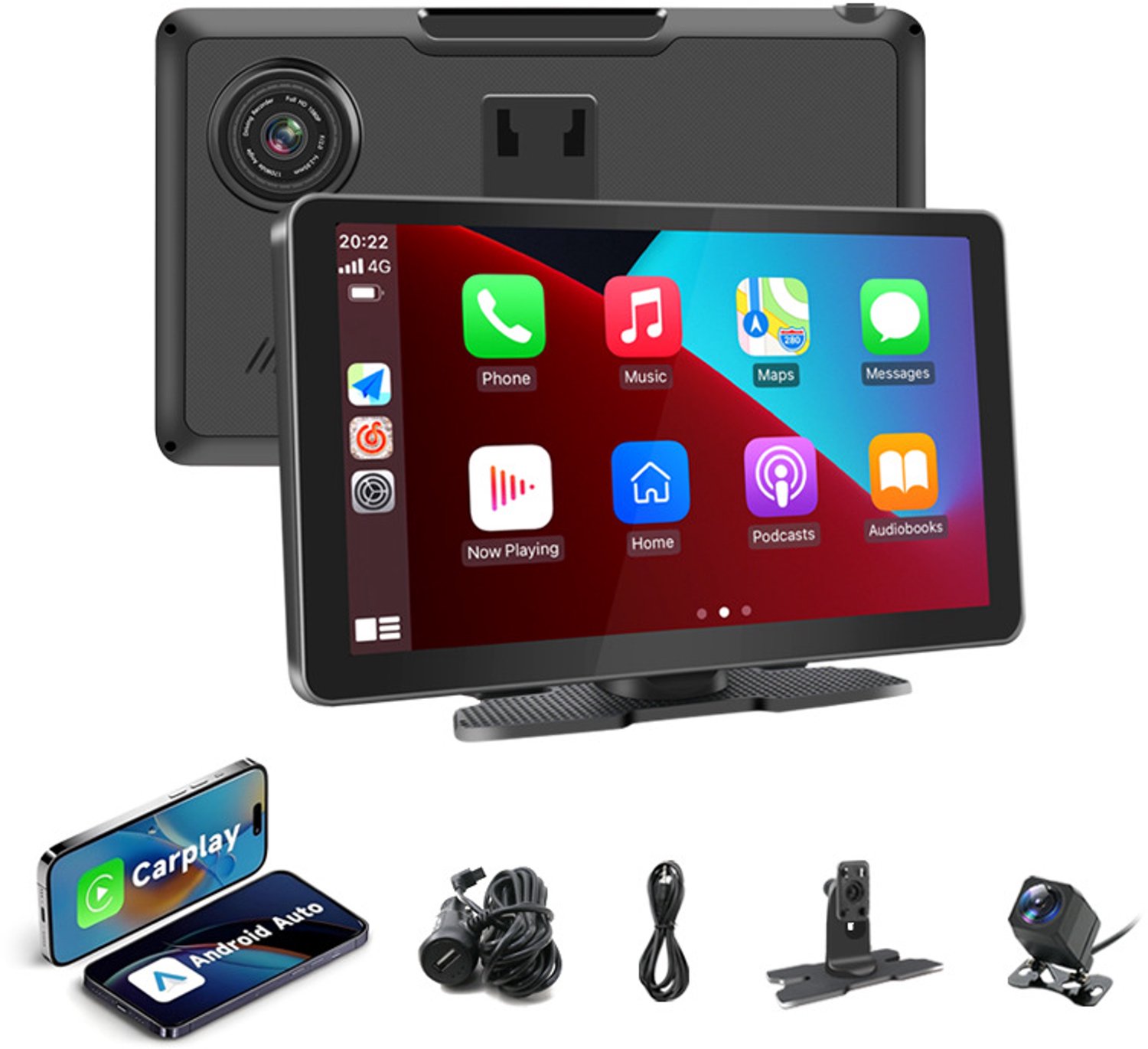 TEKROA® CarPlay Scherm 9 Inch - Apple CarPlay & Android Auto (Draadloos) - 4K Voor + 1080P Achter Dubbele Dashcam - IPS Touchscreen - Spraakbesturing - AUX/FM/Bluetooth Audio - Achteruitrijhulp