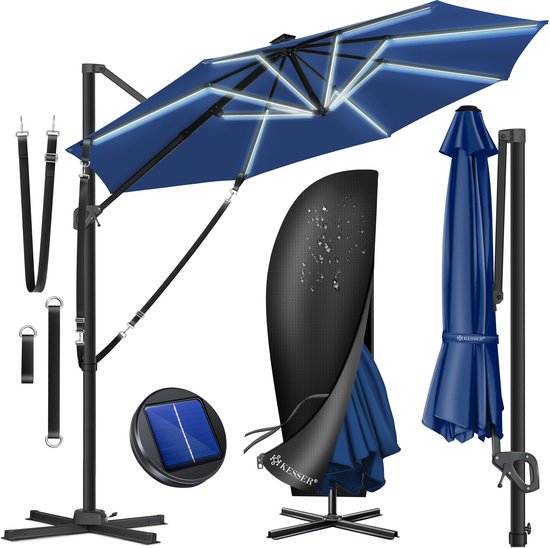Donkerblauwe zweefparasol met LED-verlichting, zonnepaneel, beschermhoes en bevestigingsriemen.