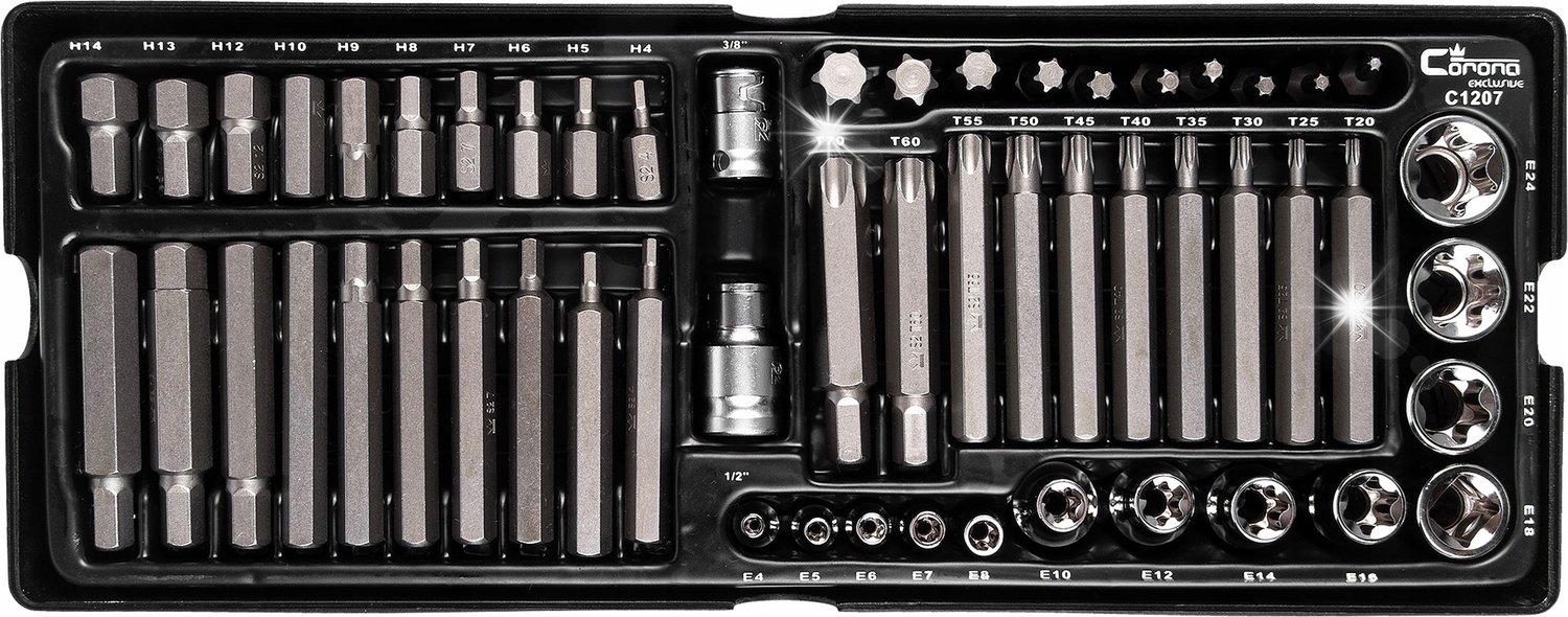 55-delige Bit- en Dopset: Imbus, Torx & Torx E - S2 Staal