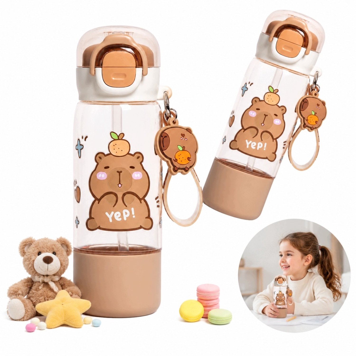 Leuke Kapibara Waterfles 510ml met Zachte Rietjes Tuit & Draagband
