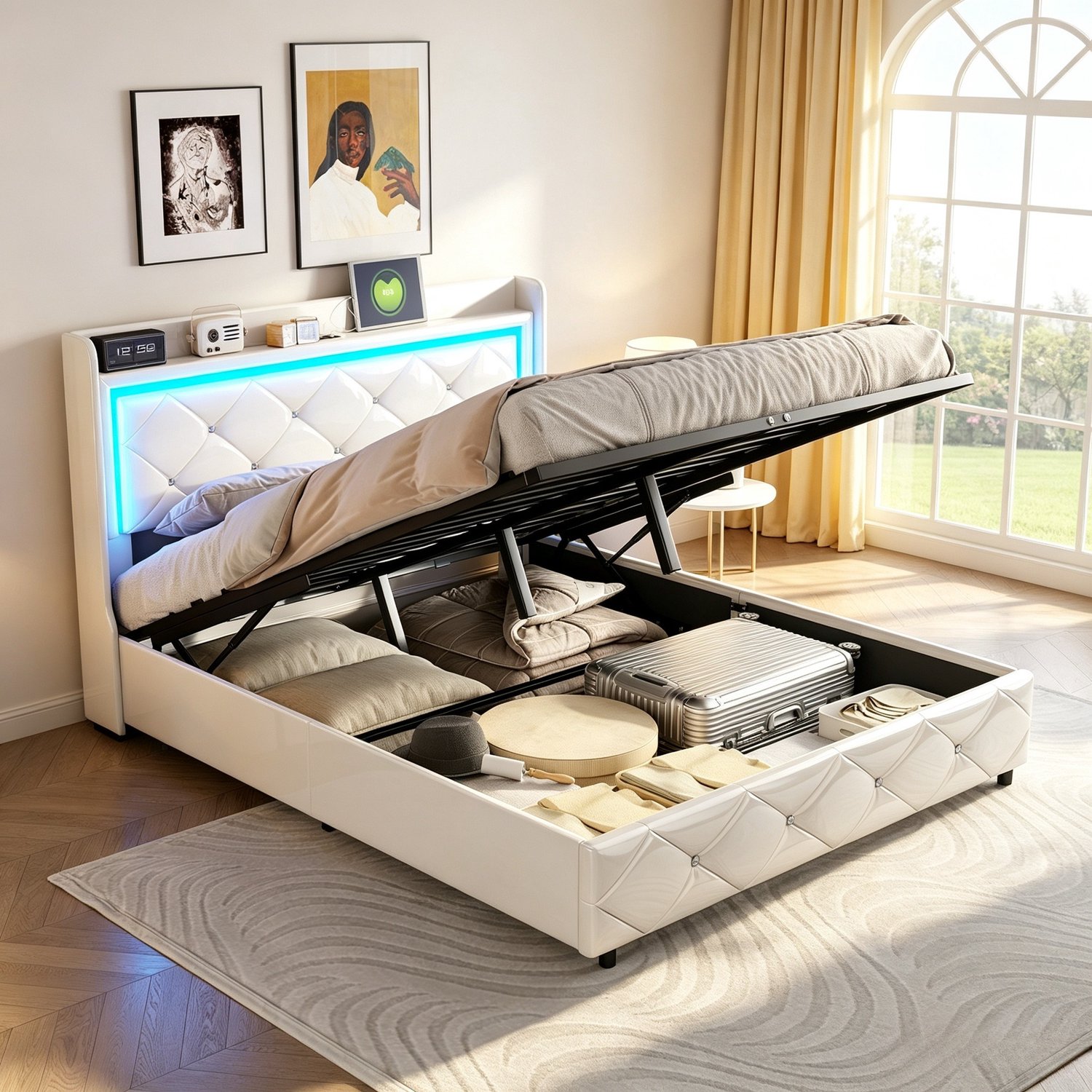 ROSAHQNDA Tweepersoonsbed 140x200 cm, gestoffeerd opbergbed met gecapitonneerd hoofdbord, volwassen bed, PU, wit, zonder matras