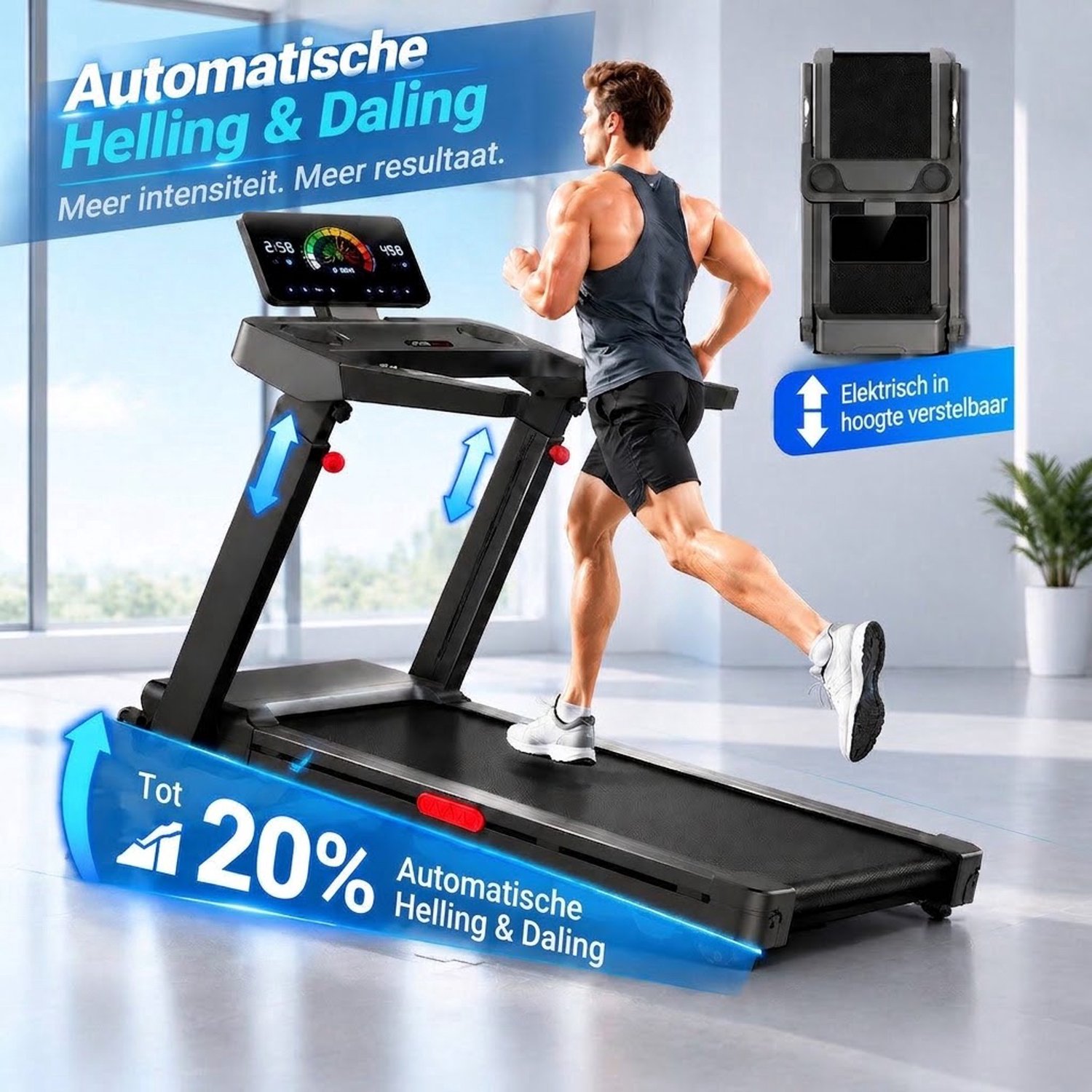 Stille loopband voor thuis – opvouwbaar – 14 km/u – 3,5 PK borstelloze motor – automatische helling 20% – 180 kg – 108x40 cm – LED touchscreen – <45 dB