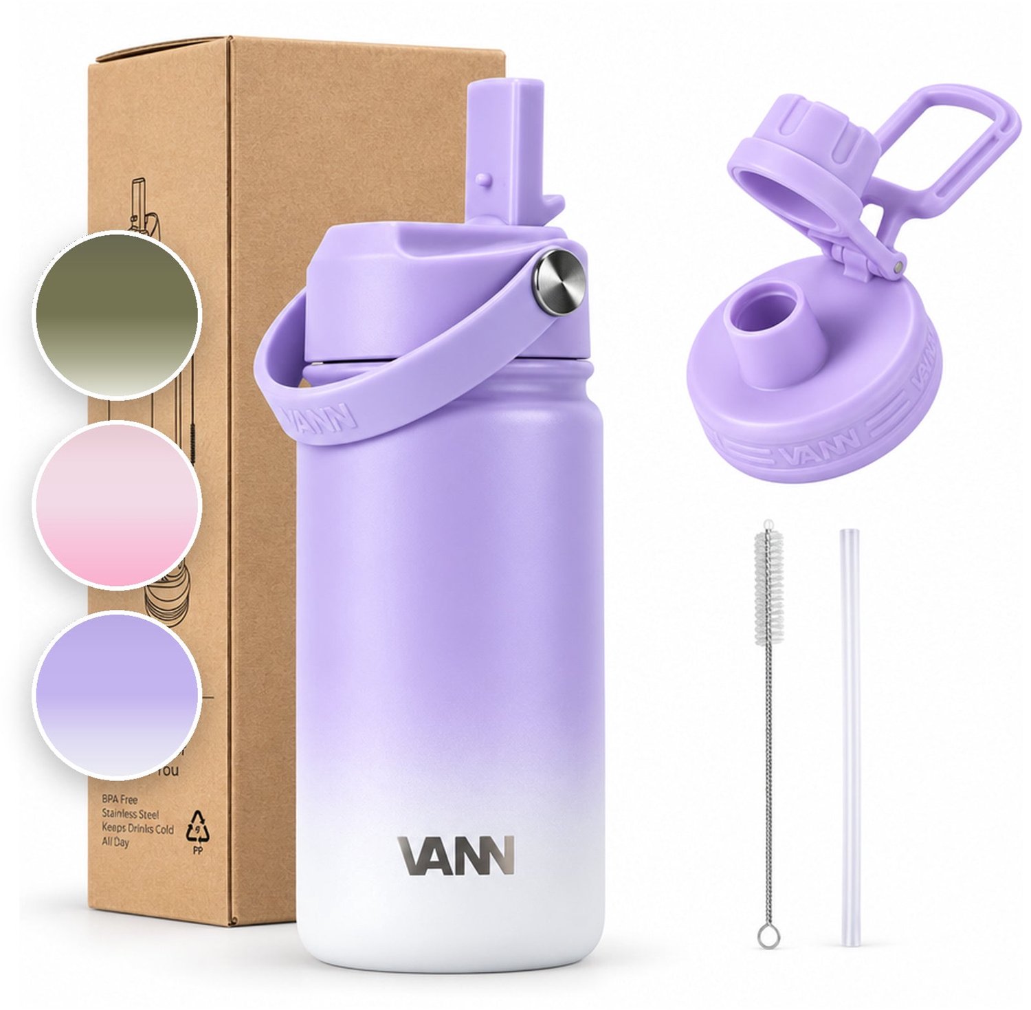 VANN® RVS Drinkfles 400 ML met rietje voor volwassenen en kinderen – 3-Wandig – Met 2 doppen – Thermosfles – 12 uur warm/24 uur koud – VANN Gradient Bottle