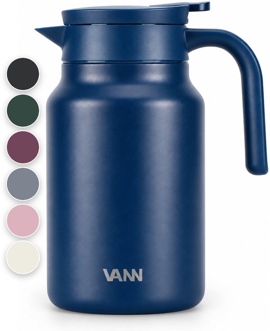 VANN® 3-wandige RVS Thermoskan 1.5L – Isoleerkan – Schenkkan met Drukknop – Voor Koffie, Thee, IJswater & Meer – VANN® Family Jug – Dark Blue