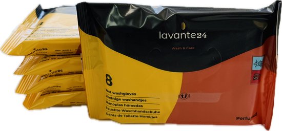 Stapel verpakkingen van 8 geparfumeerde Lavante24 vochtige washandjes in geel en zwart met rode accenten.