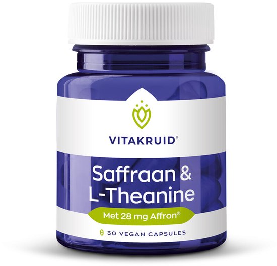 Vitakruid Saffraan & L-Theanine supplement in een donkerblauwe pot met wit gestreept label. Bevat 30 vegan capsules.