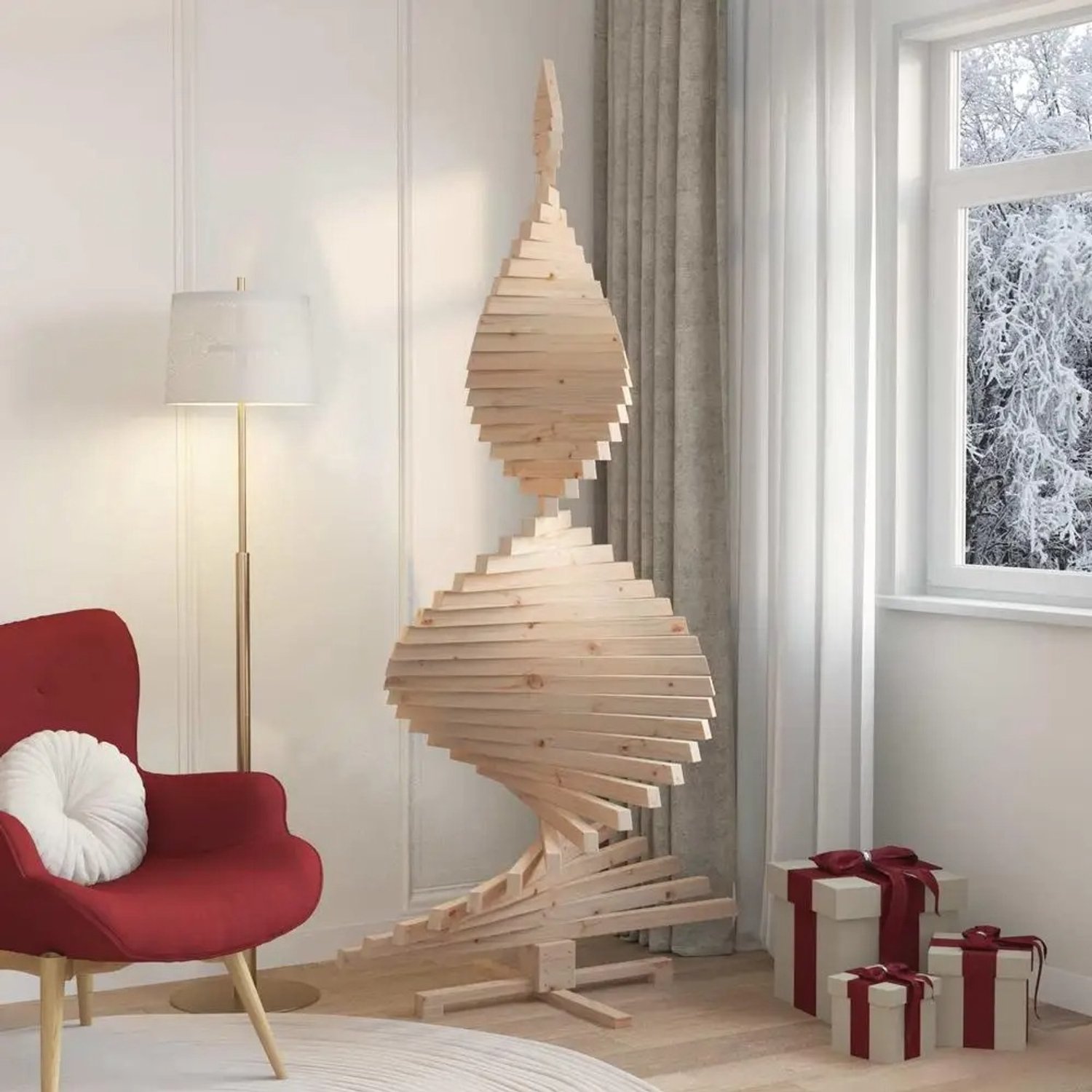 Lifero Kunstkerstboom - Kerstboom Kunst - Kerstbomen - Kerst - Houten Boom - Met Standaard - Basis Kerstverlichting en Kerstballen – foto 7