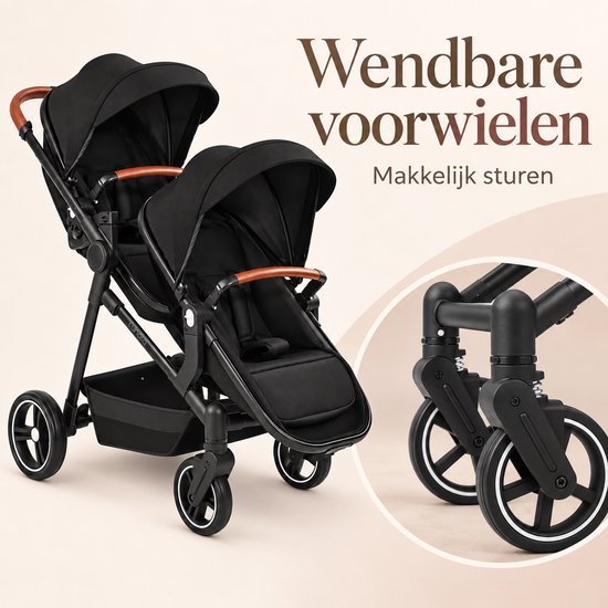Lunola Noah Duo Kinderwagen - Dubbele Buggy voor Tweeling of Baby en Peuter - Afneembaar Zitje - Compact en Opvouwbaar - Zwart — cadeau in Cadeau-ideeën - foto 3