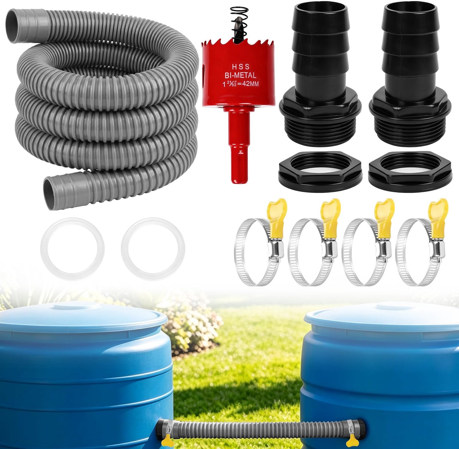 Famanu - Regentonnen Verbindungsset - Aansluiting voor regenwateropvang - Inclusief accessoires - Zwart 1 stuk
