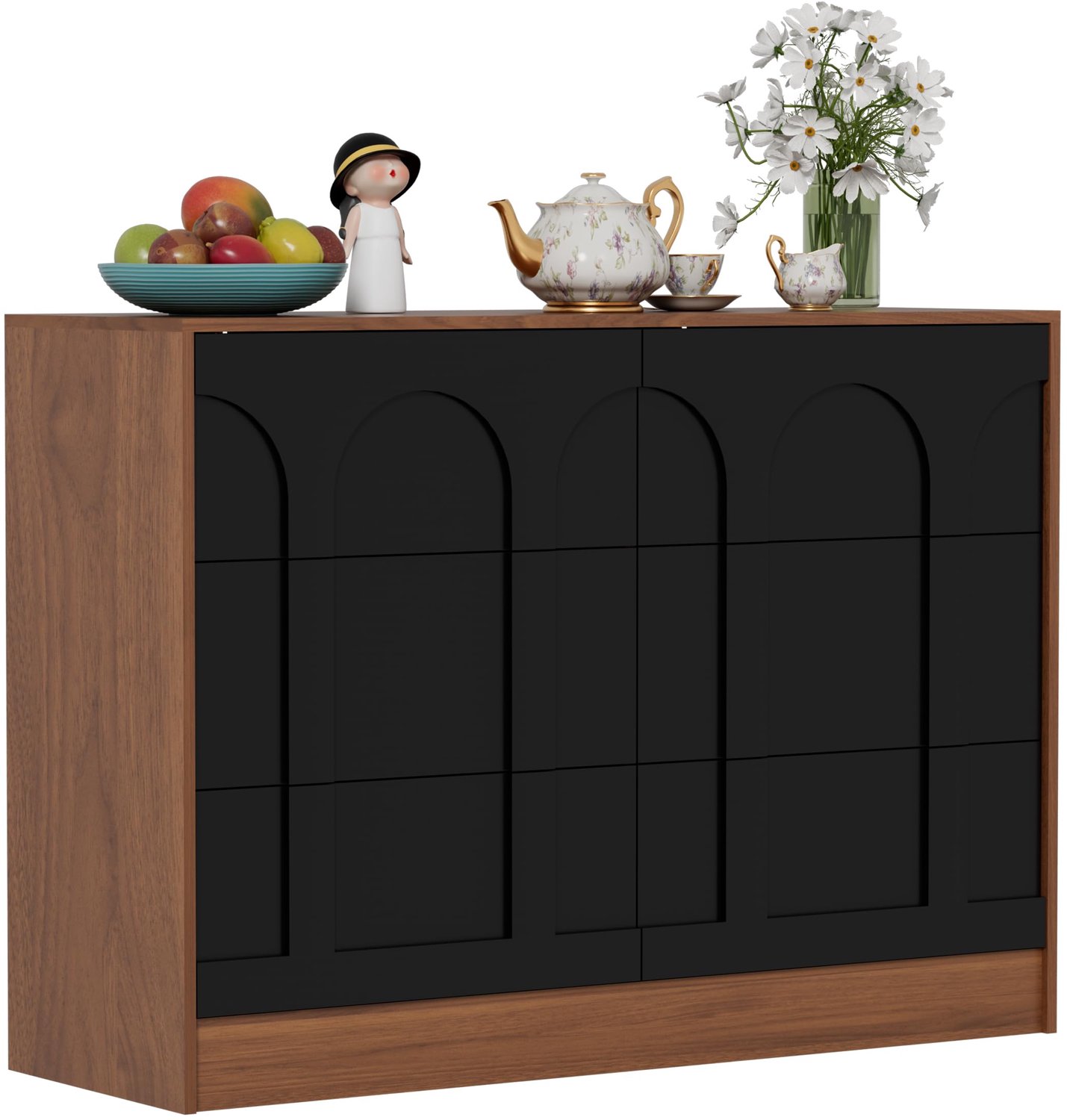 UEV Commode met 6 lades, modern design met gebogen patroon, opbergkast, dressoir, buffetkast, archiefkast, kledingkast voor woonkamer, slaapkamer, hal, 100x34x72cm, zwart