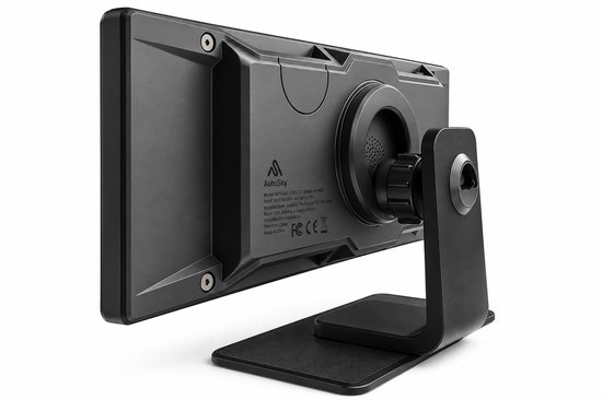 Achteraanzicht van AutoSky smart display op zwarte voet, met productinformatie en magnetische bevestiging.