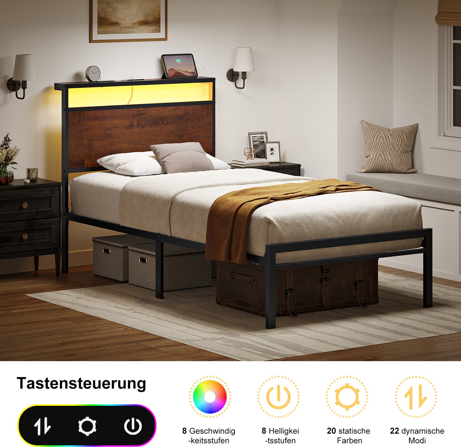 FABATO HB014-Metalen Bedframe-90x200 cm-Hoofdbord Met LED-Oplaadstation-Geruisloos-Schwarz
