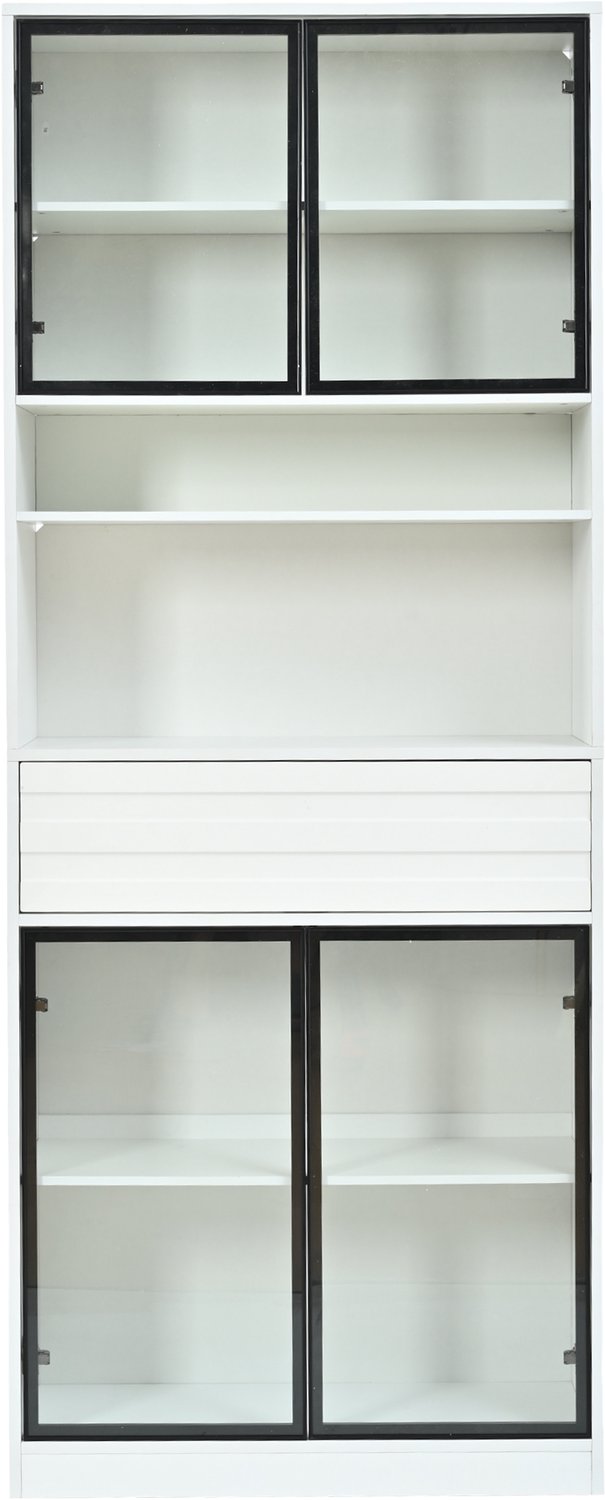Hoge witte vitrinekast - 4 glazen deuren - appgestuurde RGB-ledverlichting - lade en open vakken - 80 x 35 x 200 cm – woonkamer
