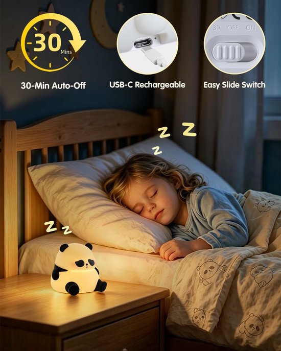 Panda Nachtlampje voor Kinderen - Siliconen LED Bedlampje, Oplaadbaar, Touch, 3 Dimbare Niveaus, 30 min Timer - Kinderkamer Cadeau — afbeelding 2