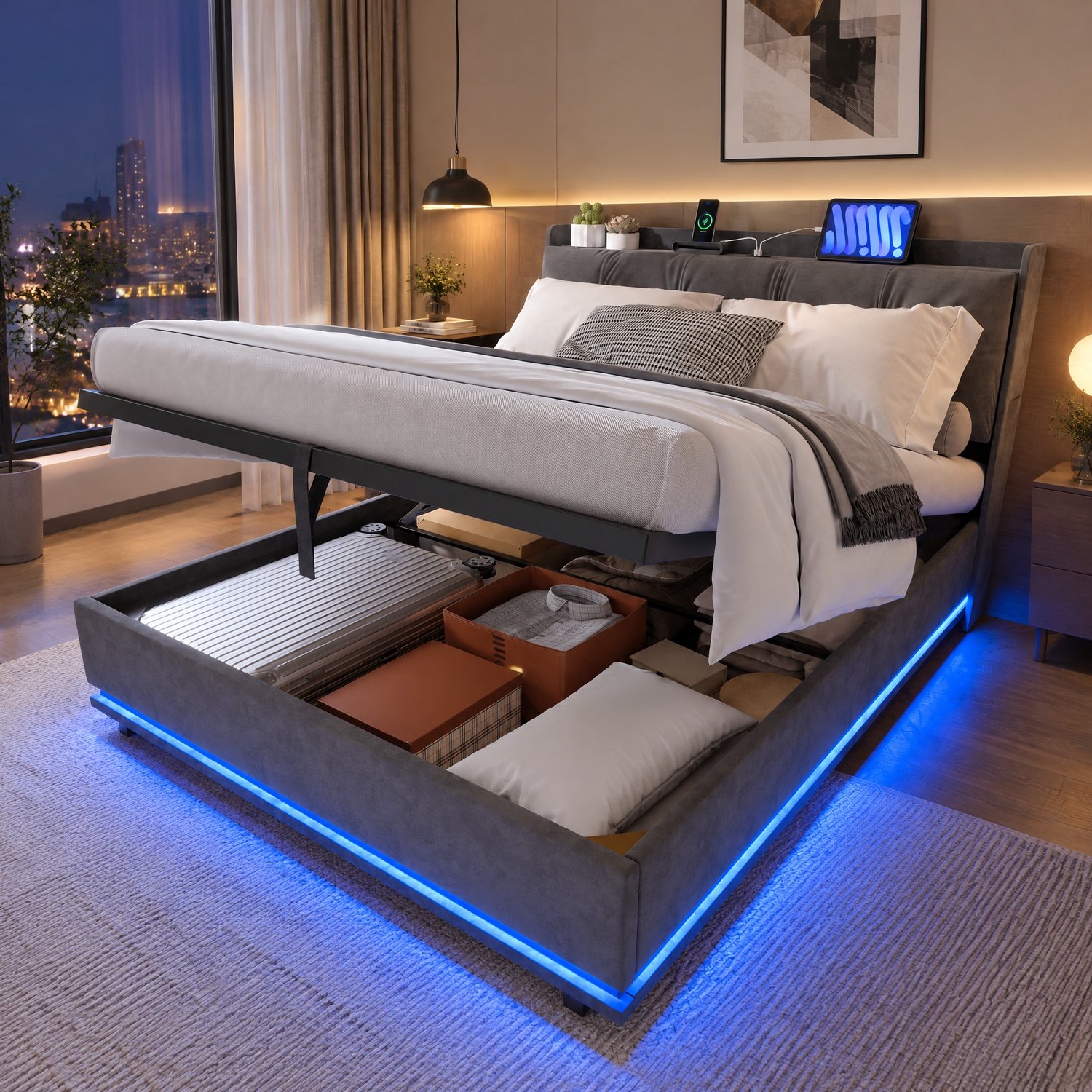 Opbergbed 160x200 cm met ledverlichting, Gewatteerd hoofdeinde met USB-poorten, Tweepersoonsbed met lattenbodem, fluweel Grijs