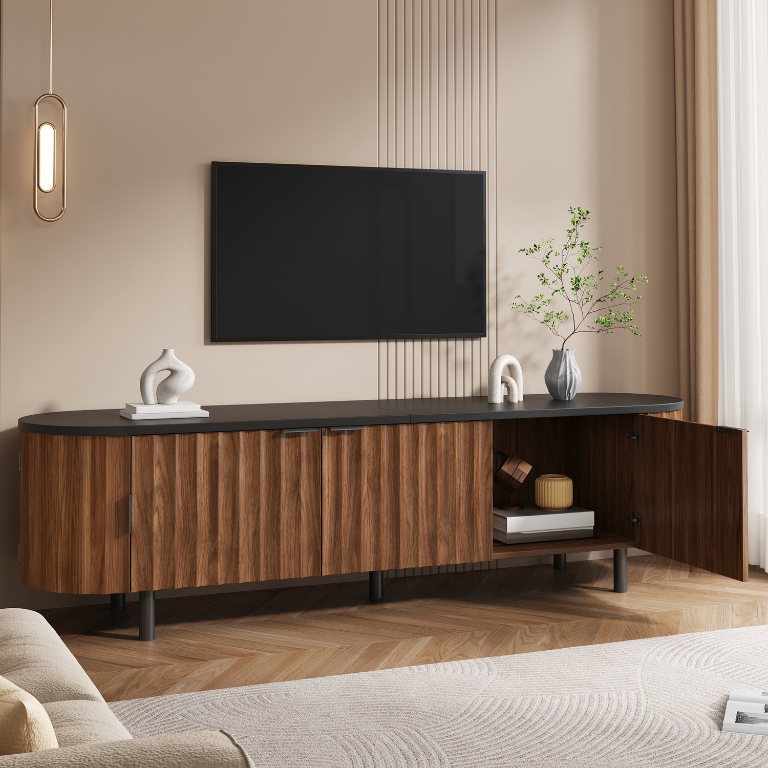 MODENUIT TV-meubel - 5 Deuren Met Geribbelde Fronten - Voor de Woonkamer - MDF, Notenhoutkleur - 170x40x47 cm Walnoot