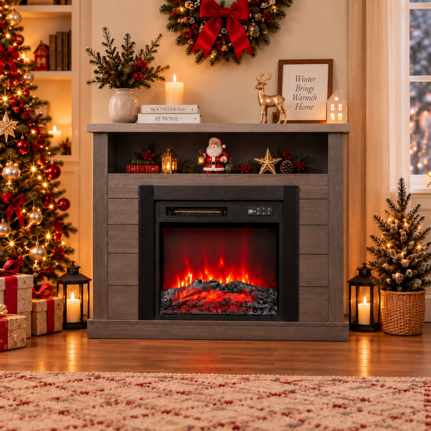 HOMAVO 18 inch elektrische haard in grijs met haardmeubel, 900 W/1800 W met 2 verwarmingsstanden, 7-kleuren 3D-vlam, afstandsbediening + bedieningspaneel, timer 1–8 uur, met opbergruimte