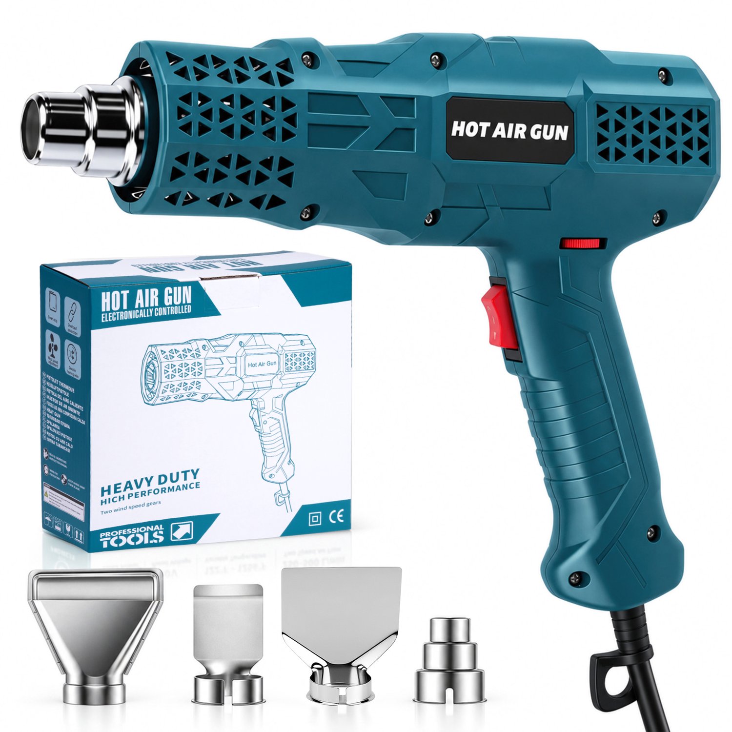 Heteluchtpistool 2000W - 60℃-600℃ Temperature Adjustable - Verf afbrander - Elektrisch heteluchtpistool met 4 mondstukken - Verfafbrander - Voor DIY, Auto & Hobby