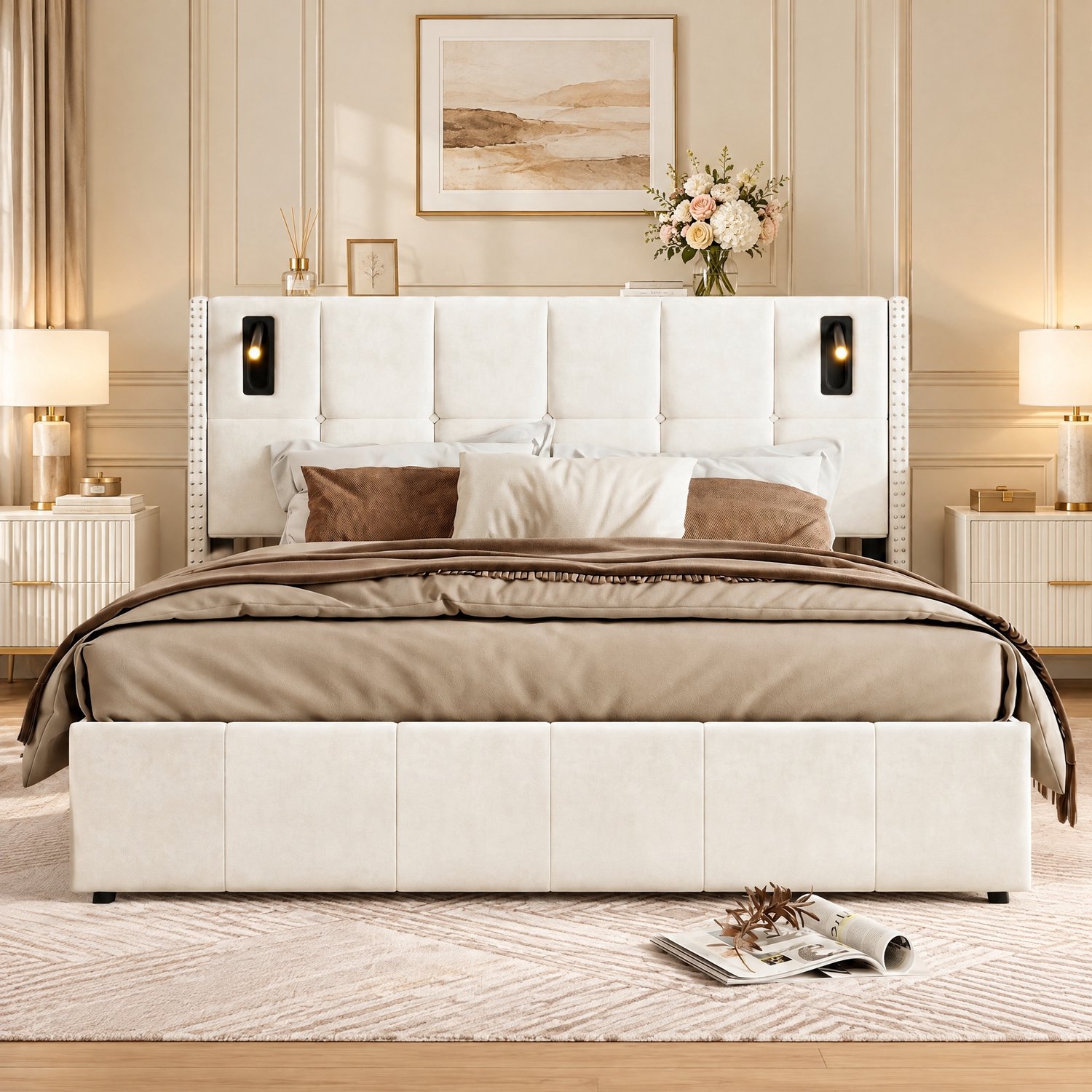 Opbergbed 140x190 cm met leeslampje, Tweepersoonsbed gestoffeerd met opbergruimte in de bodem, hydraulische opbergfunctie, bedden en bedframes voor volwassenen en tieners, lattenbodem, fluweel Beige