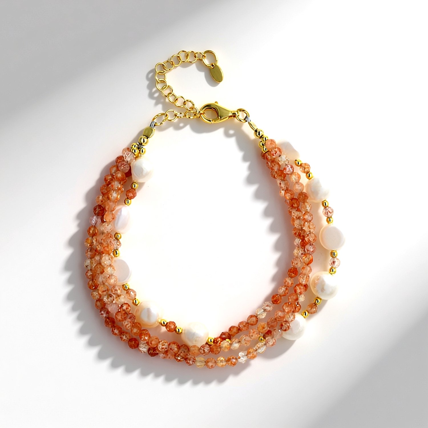 Cavill - Zilveren Armband 925 Verguld met Zonnesteen 27,6 ct, Zoetwaterparels & Gouden Hematiet - Verstelbare Edelstenen Sieraad - Dames Stijlvol