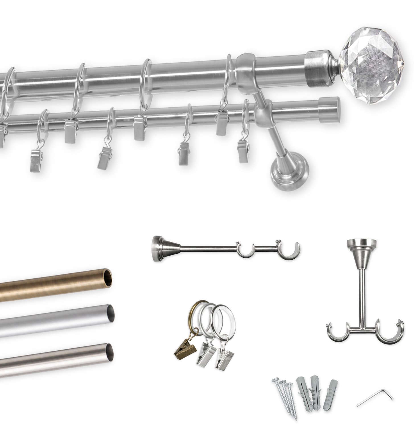 Dubbele Metalen Gordijnroede 150cm Kristal Stille Ringetjes 25mm