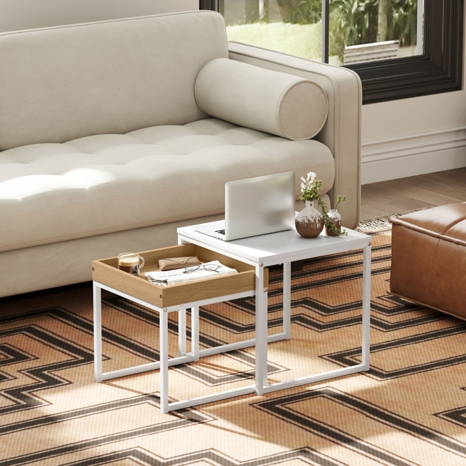 WUVRIE Set van 2 salontafels - Vierkant 45 en 40 cm - Nestbaar met afneembaar dienblad - Wit