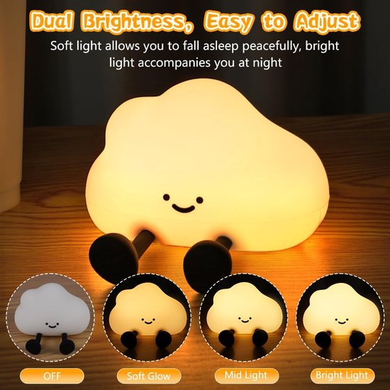 Wolk Nachtlampje voor kinderen, Schattig siliconen nachtlamp met aanraakbediening, USB-oplaadbaar nachtkastjelamp, 3 helderheidsniveaus, 30 minuten timer, Decoratief sfeerlicht voor de kinderkamer [Energieklasse G] — afbeelding 2