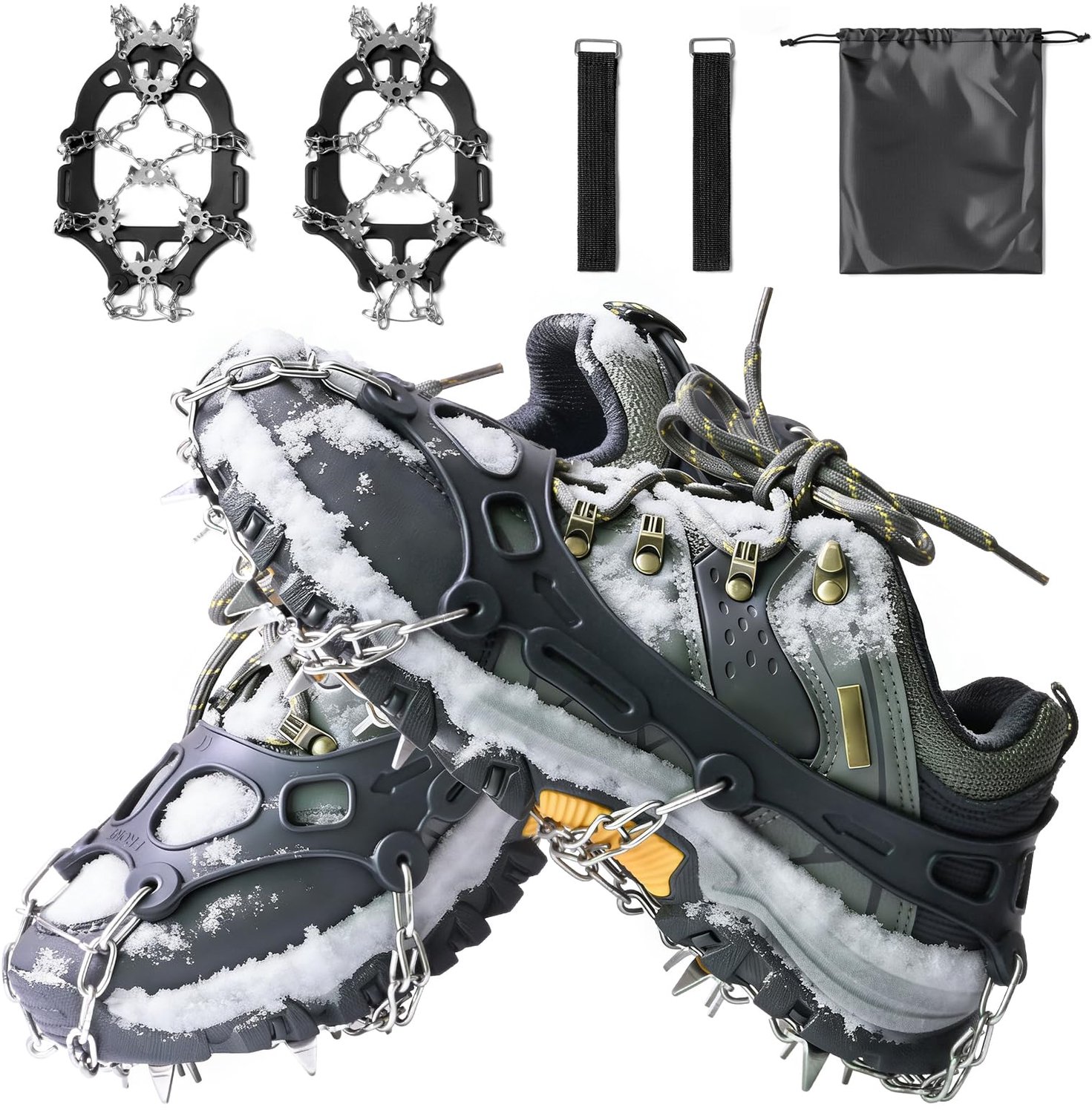 Famanu - Crampons Stijgijzers Antislip IJspikes - Verbeter grip en veiligheid op ijs - 24 roestvrijstalen spikes - Zwart 1 stuk