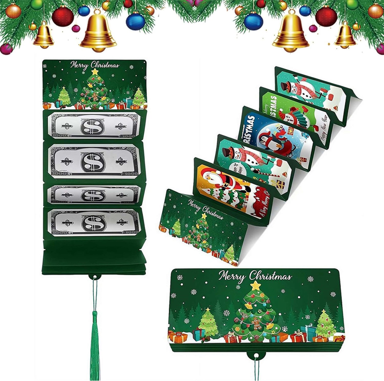 Kerstgeld cadeau envelop, kerst verrassingsgeldhouder met 10 compartimenten, Kerstman geldclip, doe-het-zelf kerstcadeaus met contant geld voor familie en vrienden, 1 stuk - Groen