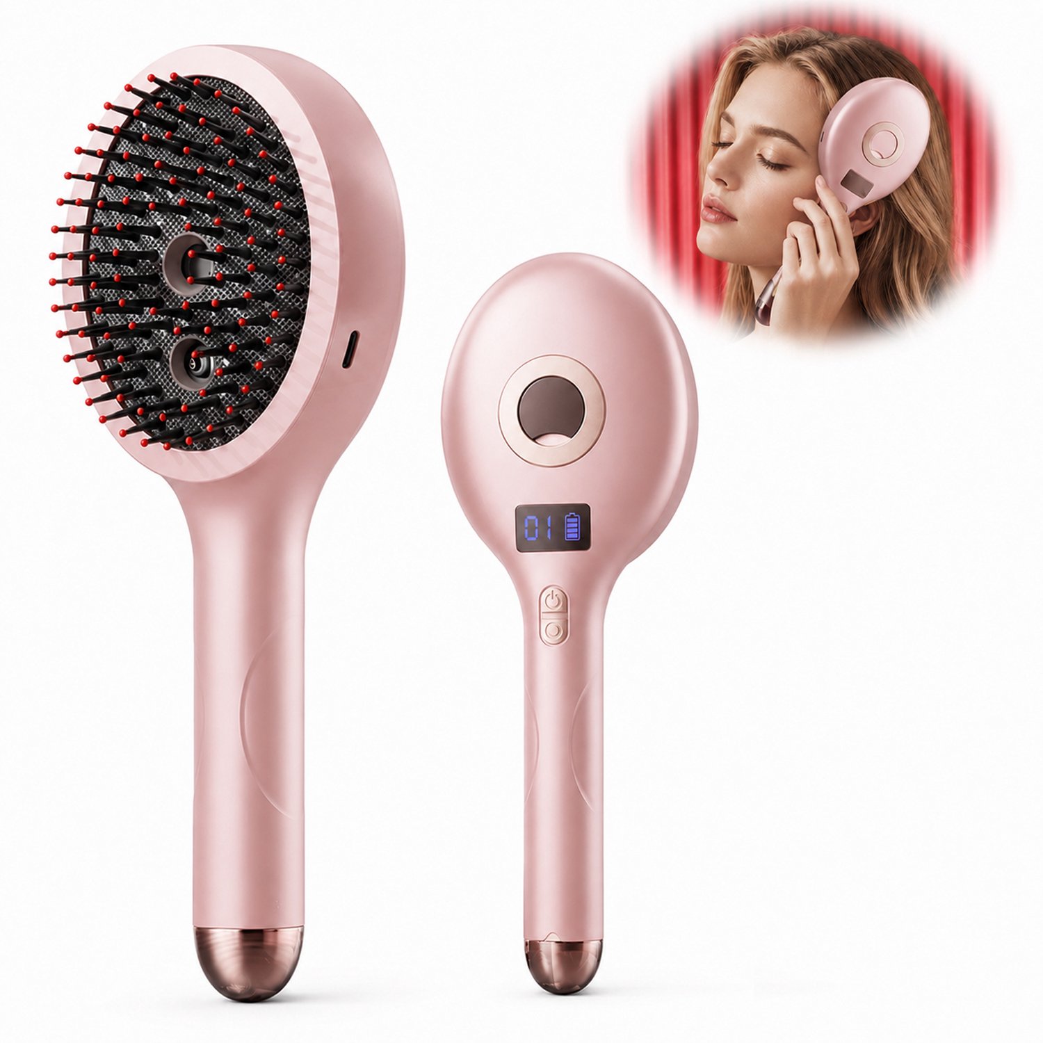 Elektrische Hoofdhuid Massageborstel – Vibrerende Haarborstel – 4 Standen – LCD-Batterijdisplay – USB-C Oplaadbaar – Voor Hoofdhuidmassage, Haarverzorging en Ontwarren – Roze