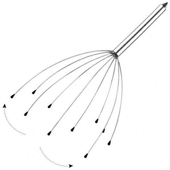 Zilveren hoofdmassager met 12 flexibele staaldraden en druppels aan de uiteinden, met bewegingsindicatie.