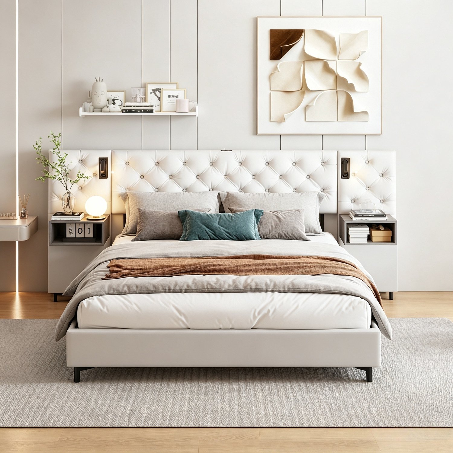 ROSAHQNDA Volwassen bed 140x200 cm, tweepersoonsbed met opbergruimte, LED-hoofdbord en nachtkastjes, fluweel, gebroken wit, zonder matras