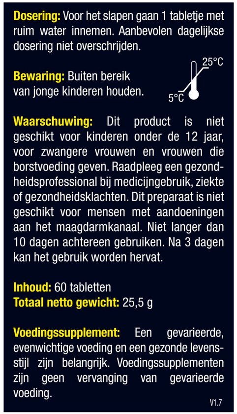 Achterkant van de verpakking met doseringsinstructies, waarschuwingen voor kinderen en zwangere vrouwen, en bewaarinstructies.