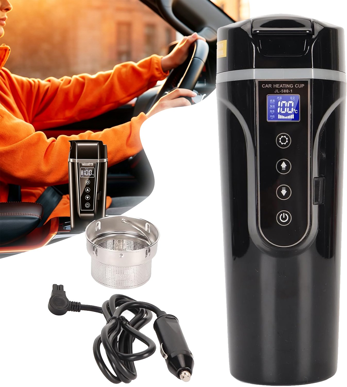 500ml Elektrische Waterkoker Voor In De Auto - 12v/24v-Waterkoker Voor Onderweg - Verwarmbare Beker Met Lcd-Display